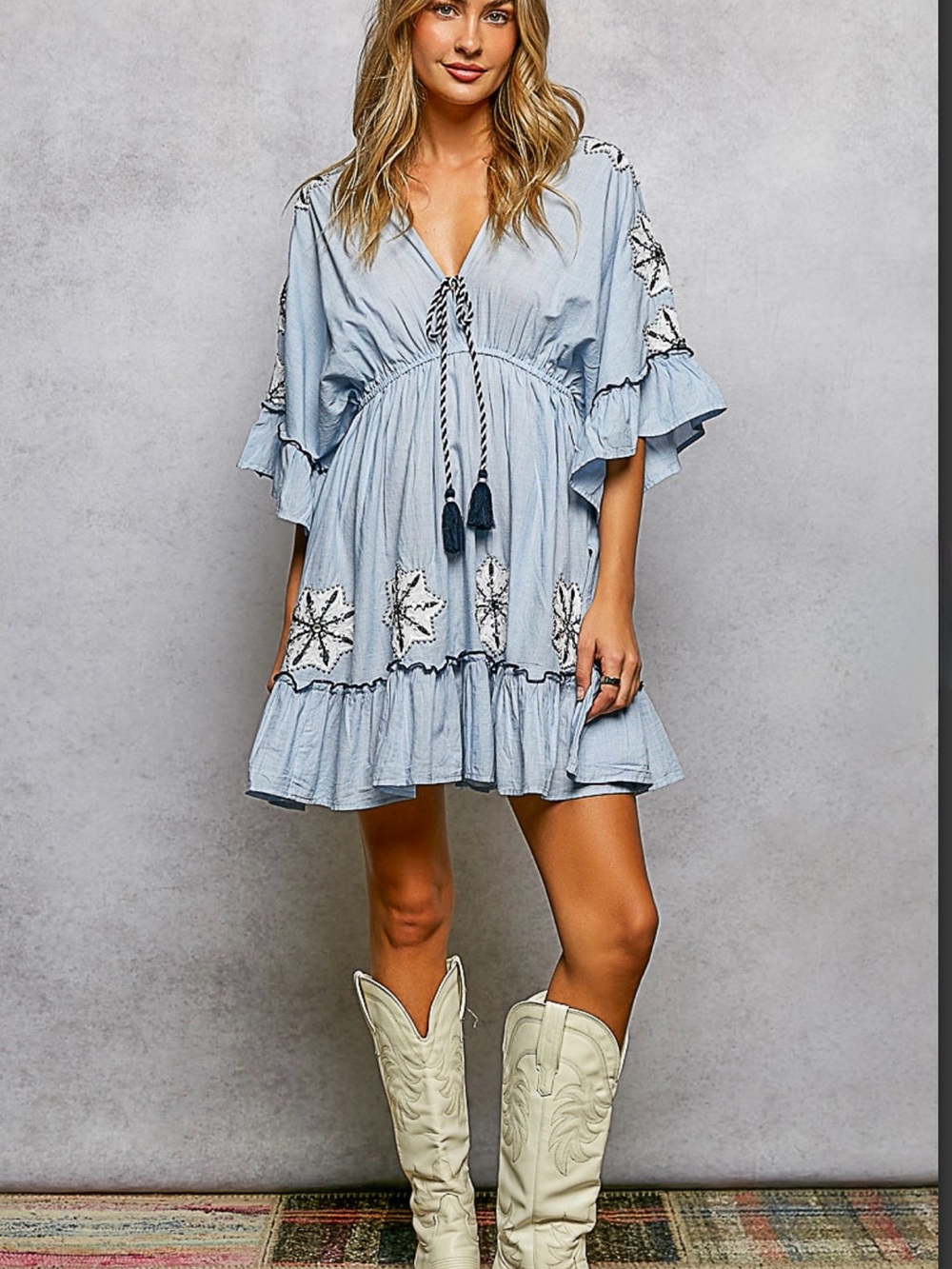 POL Light Blue Embroidered Ruffle Mini Dress